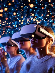 Fototapeta premium Team Virtual Reality Innovation Session - Innovative team collaborating, exploring virtual worlds, brainstorming ideas, problem-solving, and achieving goals. Symbolizing teamwork, technology