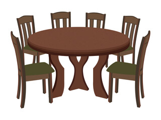 Round wooden dining table with six chairs, classic furniture design, home interior decor