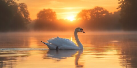 Fototapeta premium A serene sunrise over the misty lake, with an elegant swan gracefully gliding on its surface