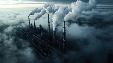 Obraz premium Dramatic industrial sky: smoke billowing from factory chimneys in a cloudy landscape