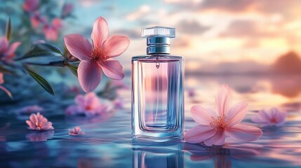 Perfume bottle with pink flowers reflected in water at sunset.