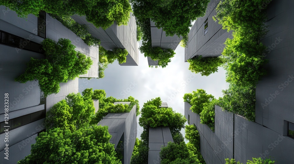 Poster aerial view of modern architecture intertwined with lush greenery under a cloudy sky