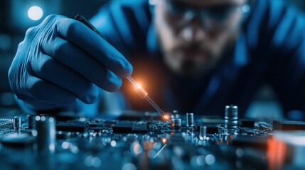 Engineer delicately assembling circuit board with precision in a laboratory setting
