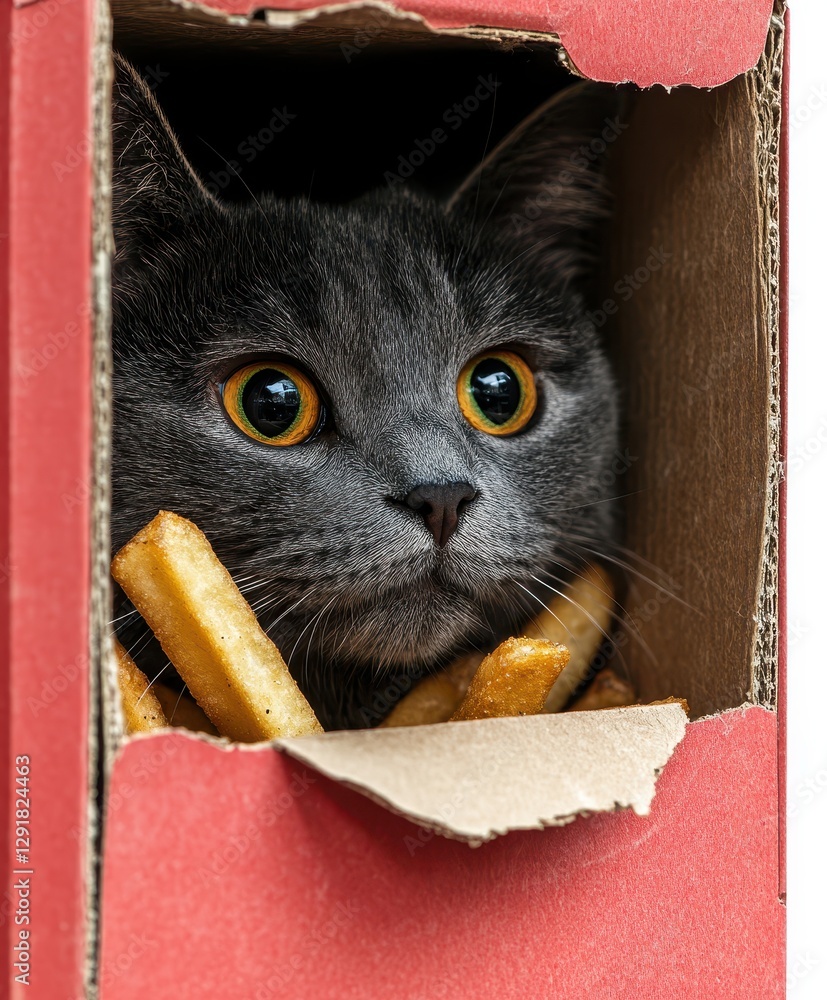 Poster curious gray cat peeking out from a red box filled with crispy fries, showcasing adorable expression