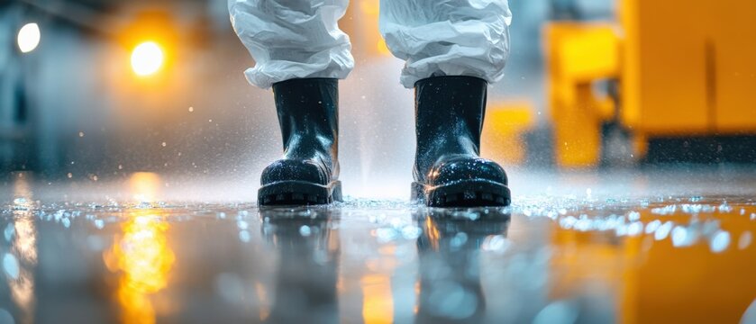 Person in Protective Suit and Boots Standing on Wet Floor