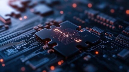 Fototapeta premium Futuristic puzzle piece on circuit board representing technology integration
