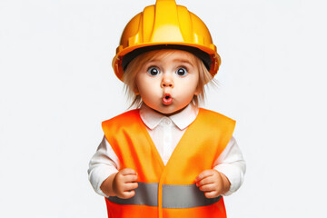 Funny baby child Portrait in a safety construction helmet Isolated on white background