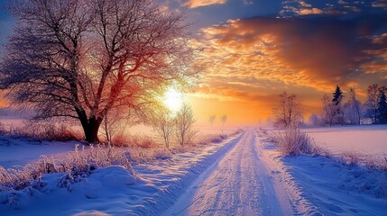 Frozen Countryside Road Leading to Sunset