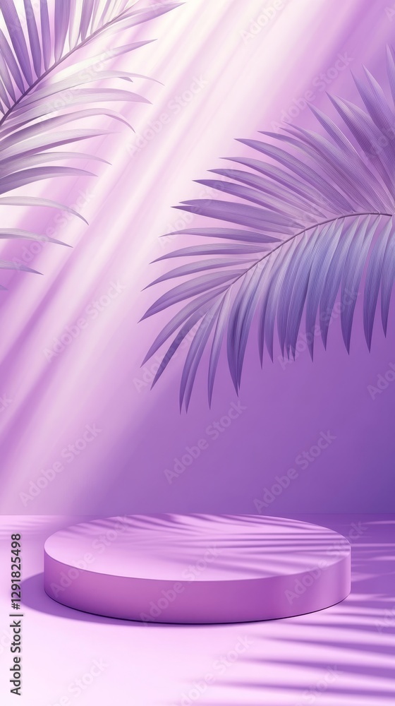 Poster purple backdrop with palm leaves creating a serene atmosphere in a minimalist setting with soft sunl