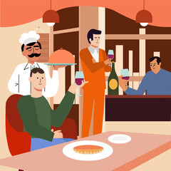 Restaurant interior, people drinking wine, modern cafe, vector illustration