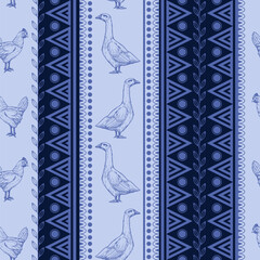 Seamless pattern with chicken, goose and geometrical ornament. Vector.