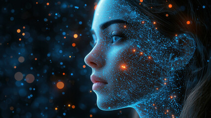 Facial recognition system utilizes micro-expressions for identity verification in a futuristic AI interface with deep blue holographic aesthetics