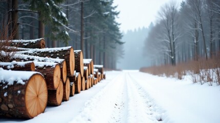 Winter woodland scene with stacked logs covered in snow beside a snowy path