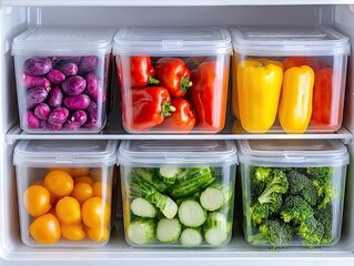 Organizing fresh vegetables in clear containers home kitchen photography indoor overhead healthy eating