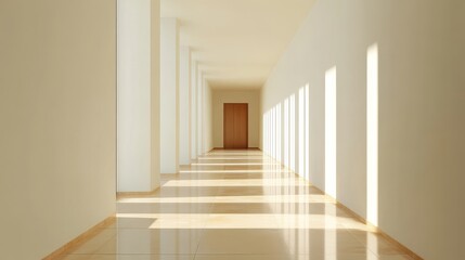 Serene Corridor Architecture - Sunlit hallway with minimalist design, clean lines, and a wooden door at the end. Perfect for architecture, interior design, or peaceful concepts
