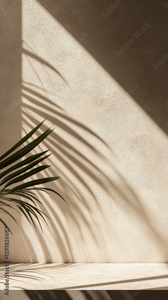 Aufkleber shadows of palm leaves create a serene and artistic display on a textured wall during the golden hou