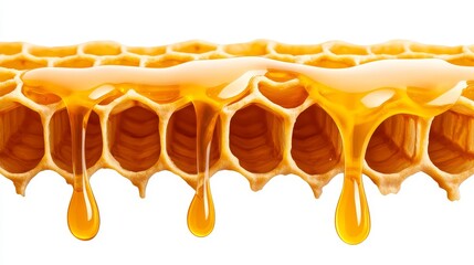 Honeycomb Dripping Golden Honey Sweetness - Sweet golden honey dripping from a honeycomb, symbolizing nature's sweetness, healthy food, pure ingredients, natural energy, and wholesome goodness