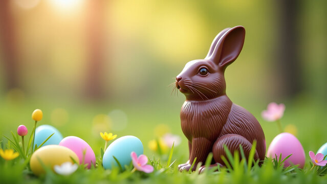 chocolate easter bunny sits nature surrounded easter eggs colorful - Powered by Adobe
