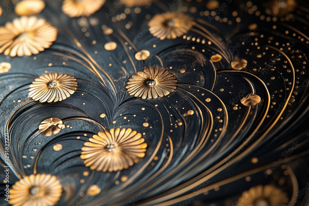 Poster gold floral patterns on a textured black surface create a striking visual effect