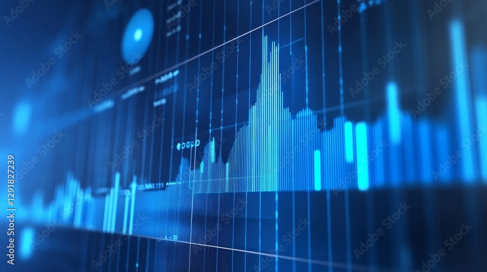 Poster financial data visualization displays various metrics with blue tones amidst a digital interface emp