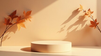 Autumnal Display  Pale Beige Cylindrical Platform Adorned with Dried Maple Leaves and Shadow Play on a Warm Background