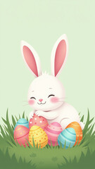 cute bunny snuggles amidst colorful eggs green