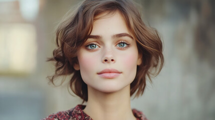 Fototapeta premium Confident young woman with short wavy hair and piercing blue eyes displaying strong, self-assured persona