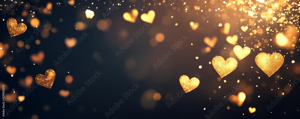 Poster golden hearts floating in a background of shimmering light create a romantic and magical atmosphere 