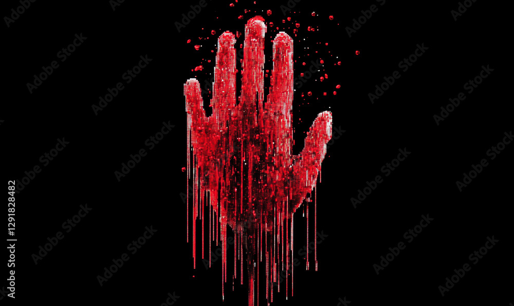 Poster a splattered red handprint made of pixels on a black background, the splatter is dripping down like 