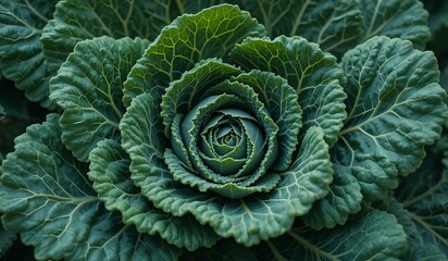 Fototapeta premium Close-Up of Fresh Green Cabbage with Symmetrical Leaf Patterns – Organic Farm Produce