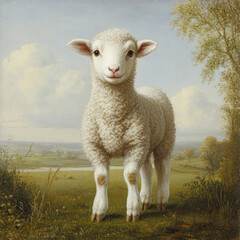 Obraz premium A young lamb standing in a pastoral landscape. The animal has soft, curly white fur, a pure and kind look. 