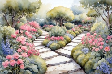 Colorful garden pathways reveal a tranquil floral retreat in a vibrant setting