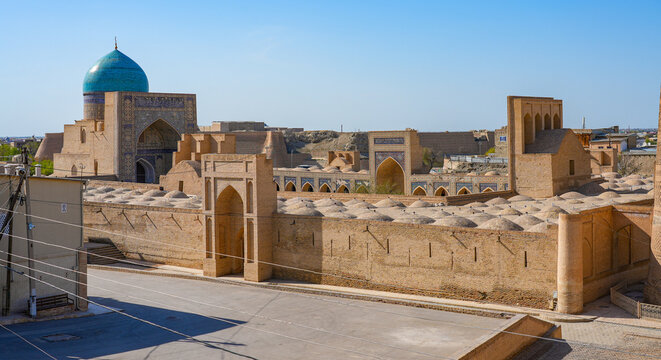 Aerial view of the Kalan Mosque in the historic old town of Bukhara in Uzbekistan, Central Asia