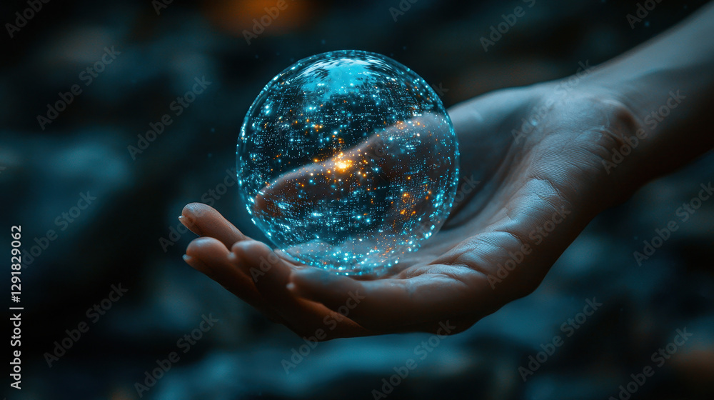 Poster futuristic hand holds glowing sphere of compressed data in a modern ai concept, showcasing innovativ