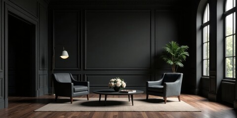 Darkly Elegant Living Room Interior Design Featuring Two Armchairs, Coffee Table, and Floor Lamp