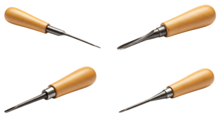 Set of Four Gouge Carving Tools with Wooden Handles on Black Background