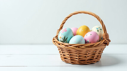 beautifully painted easter eggs wicker basket sit alone white