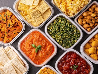 Delicious snack platter preparation kitchen food photography contemporary aerial view culinary art