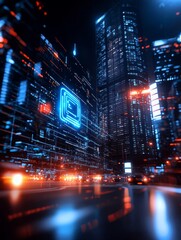Obraz premium Futuristic Cityscape at Night - Vibrant city street at night with neon lights and data streams overlaying buildings. A futuristic urban scene