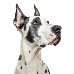 Striking portrait of a harlequin Great Dane against a Transparent background showcasing elegance and grace, Portrait harlequin Great Dane, PNG background