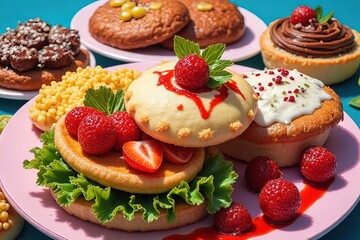 Fototapeta premium Sweet treats, dessert sandwiches, and pastries with berries and frosting