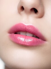 A close-up of luscious lips enhanced with shiny pink lipstick, reflecting light in an indoor environment, highlighting beauty techniques and makeup artistry trends.