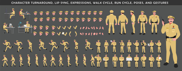 
Police Officer Character Design Model Sheet. Man, Character design. Front, side, back view and explainer animation poses. Character set with lip sync and Walk cycle animation sequences.
