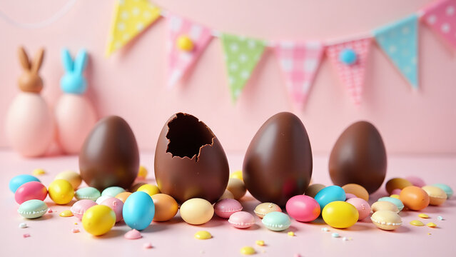broken easter chocolate eggs sit amidst colorful candy light background adorned bunny theme elements banner decorations