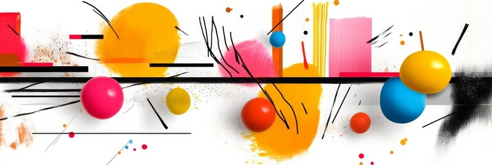 Obraz premium Abstract Play of Colors and Lines - Vibrant spheres, dynamic lines, and bold color splashes create a sense of playful energy, movement, and abstract expression. Symbolizing creativity, freedom, joy