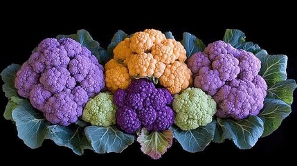 Colorful cauliflower arrangement, vibrant hues, dark background, food photography, recipe inspiration