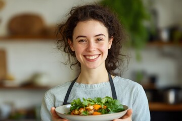 Happy Woman Holding Fresh Salad in Kitchen