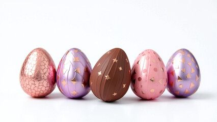 chocolate easter eggs various colors beautifully wrapped patterned pink purple foil crisp white background