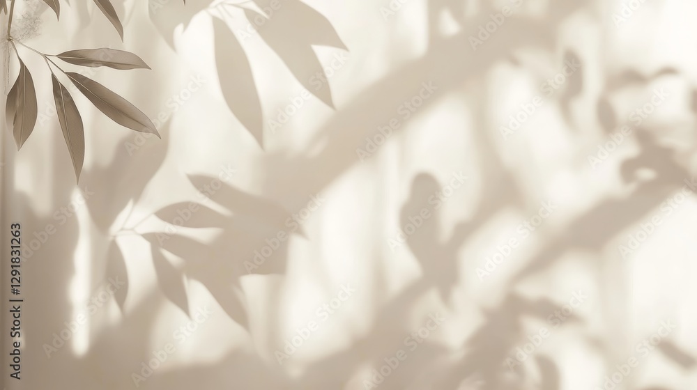 Poster sunlit shadows of leaves create a tranquil pattern on a light surface in a serene indoor space durin