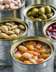 Assortment of Canned Preserves in Tin Open Cans &ndash; Fish, Beans, Vegetables, and Fruits, Food Stocks, Side View